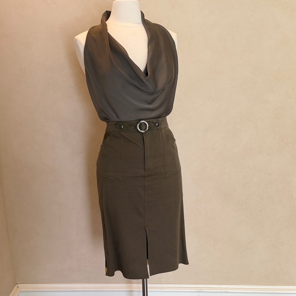 Tom Ford Olive Green Midi Skirt with Ring Buckle Waist